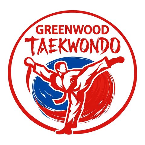 Emblem of a taekwondo student in a high kick, drawn in red and blue.